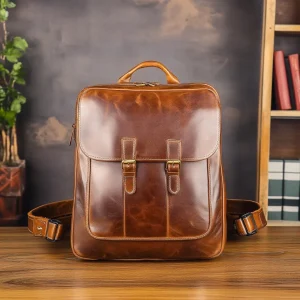 Glossy Finish Brown Real Leather Backpack Premium Men's Travel Bag Large Capacity Laptop Backpack With Durable Handle