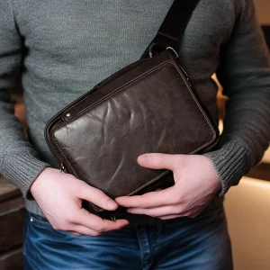 Dark Brown Leather Cross Body Bag Multi-functional Mobile Phone Bag High Quality Genuine Leather Men's Shoulder Bag