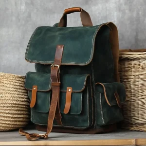 Full Grain Cowhide Leather Back Pack Vintage Canvas Waxed Genuine Leather Men Backpack