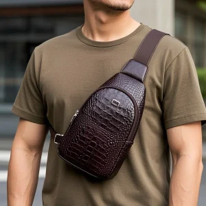 High Quality Croc Leather   Soft Genuine Cow Leather Fanny Pack Bag Cross Body Waist Bag Men
