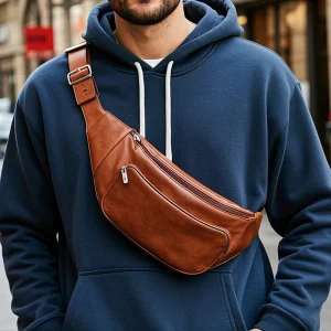 OEM/ODM Real Leather Waist Bag Durable Men's Fanny Pack Bag  Versatile Leather Chest Bag with Zipper Pocket