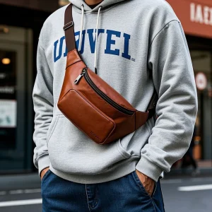 Durable Men's Sling Bag  High Quality Waist Bag Brown Top Grain Leather Chest Bag with Embossed