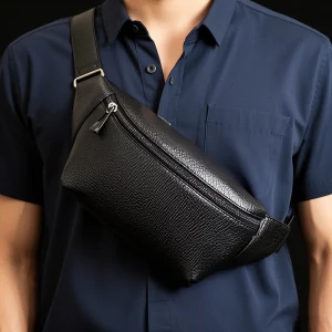 New Arrival Men's Pebbled Genuine Leather Waist Bag  Black Chest Bag Premium Fanny Pack with Zipper Pocket