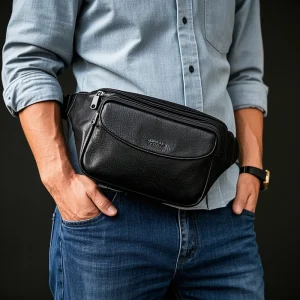 Premium Men's Chest Bag  Soft Real Leather Bag Multi-functional Black Leather Waist Bag with Flap Pocket