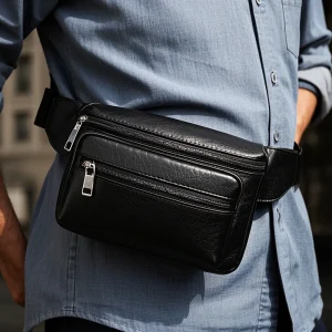 Wholesale Pebbled Genuine Leather Bag Durable Black Fanny Pack for Men  High Quality Waist Bag for Daily Use
