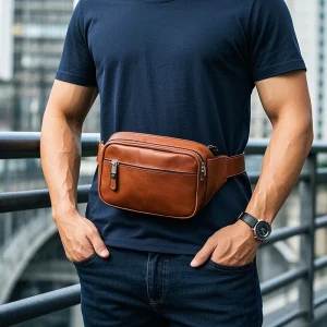 Portable Men's Leather Waist Bag  Brown Real Leather Bags Durable Fanny Pack with Front Zipper Pocket