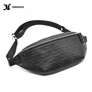 Premium Black Vegan Leather Bag Full Emboss  Fanny Pack Men's Leather Waist Bag With Durable Metal Buckle