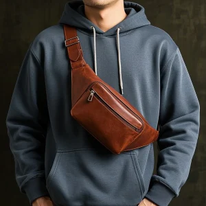 Factory  Brown Genuine Leather Bag Wholesale Leather Fanny Pack Premium Quality Men's Chest Bag for Sale
