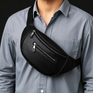 High End  Pebbled Leather Bag Wholesale Men's Real Leather Chest Bag Durable Waist Bag with 2 Zipper Pockets