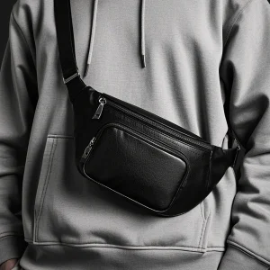 High Quality Real Leather Fanny Pack  Black Waist Bag Versatile Men's Leather Waist Bag with Gun Color Zipper